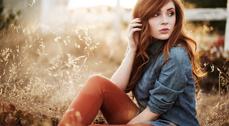 * Looking on your way *, stare, girl, redhead, dreamer, nature, face, sunshine, field, HD wallpaper