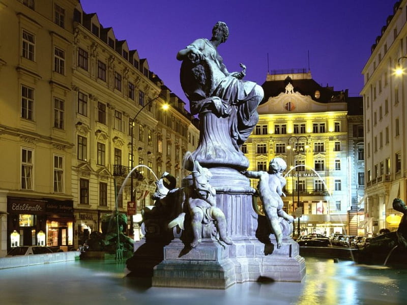 Donnerbrunnen Fountain, Vienna, Austria, fountain, city, buildings, austria, lights, night, HD wallpaper