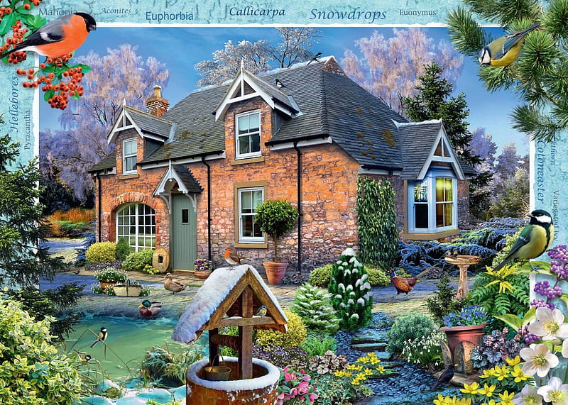 Snowdrop Cottage, cottage, snow, drop, birds, flowers, puzzle, jigsaw, HD wallpaper