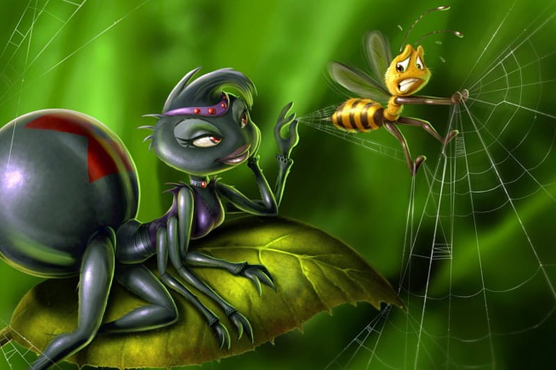 THE SPIDER & THE BEE, DIGITAL ARTS, INSECTS, CARTOON, FUNNY, NATURE, SURREAL, SPIDERS, ABSTRACT, HD wallpaper