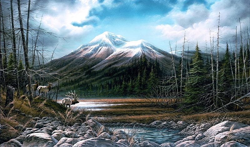 Master's Domain, mountain, stones, river, clouds, sky, trees, artwork, deer, painting, HD wallpaper