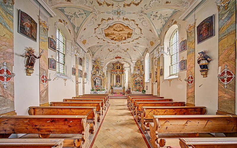 Church in Rechtenstein, Germany, interior, Catholic, Germany, church, HD wallpaper