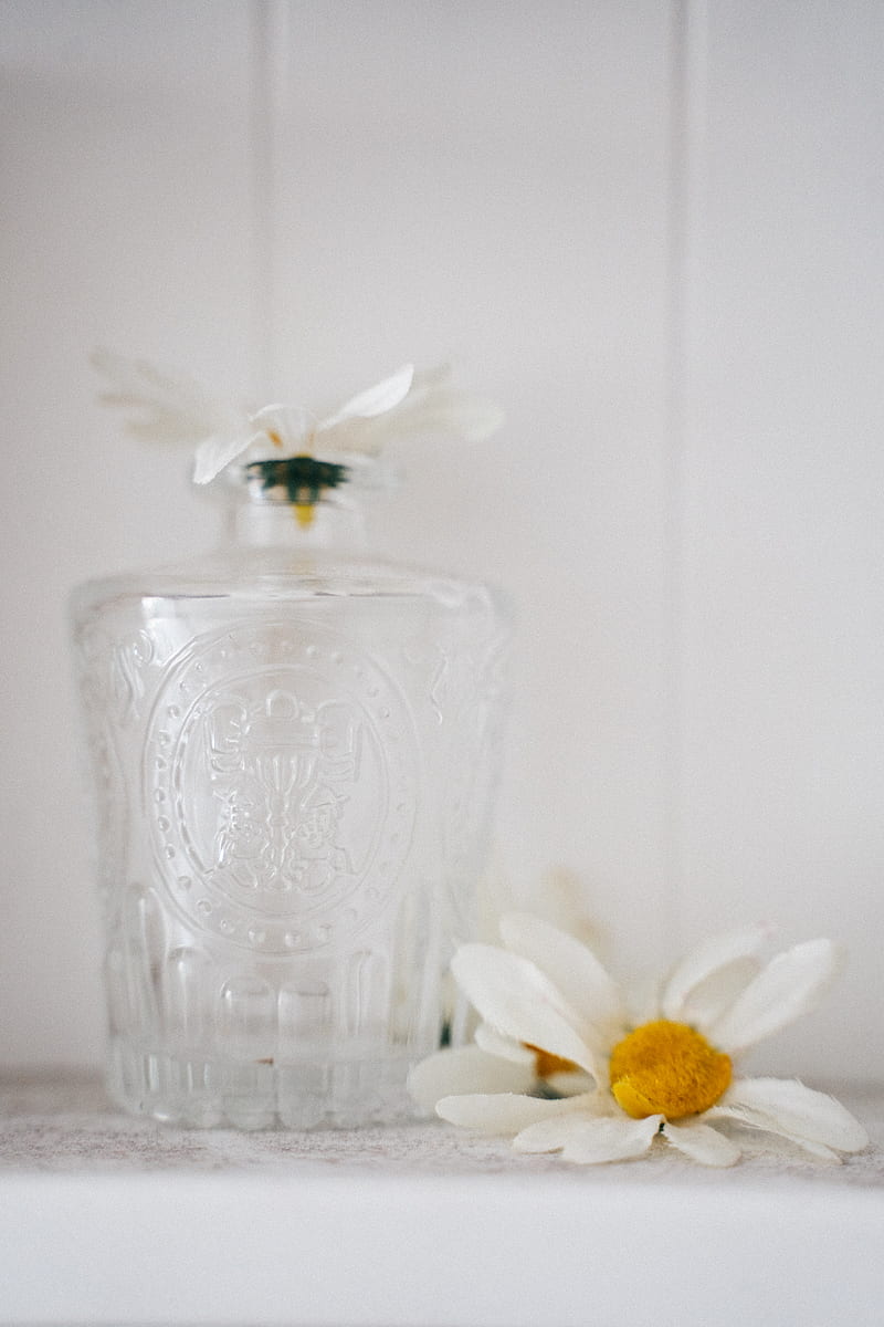 Clear Glass Bottle With White Flower, HD phone wallpaper