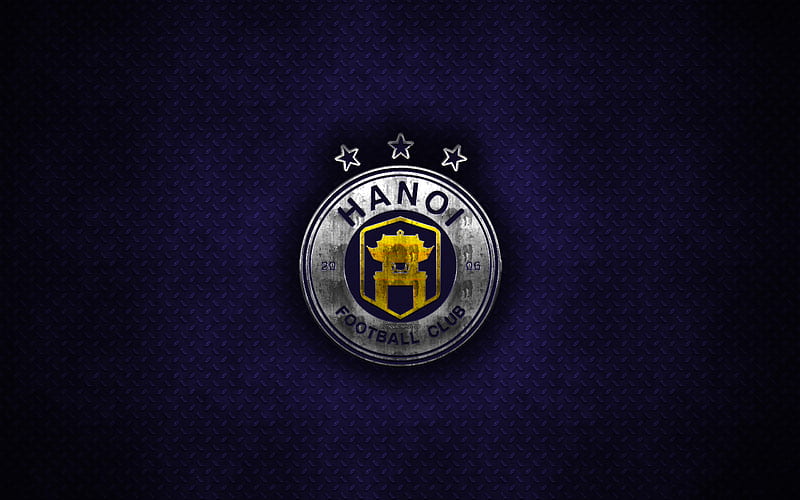 Ha Noi FC, metal logo, vietnamese football club, emblem, purple metal background, metalworking, V League 1, Hanoi, Vietnam, football, HD wallpaper