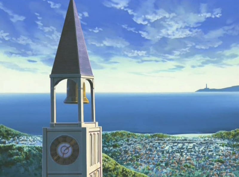 SP: Bell Tower, strawberry panic, pretty, scenic, bonito, bell, sea, sweet, nice, anime, tower, beauty, scenery, cloud, lovely, view, ocean, sky, scene, landscape, HD wallpaper