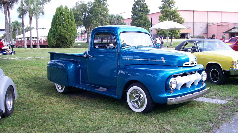 F 1 Ford Truck, Classic, Whitewalls, Blue, Pickup, HD wallpaper
