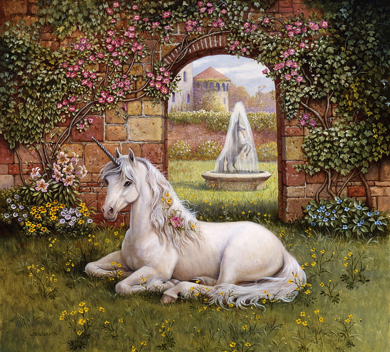 Unicorn Garden, garden, fantasy, abstract, unicorn, HD wallpaper