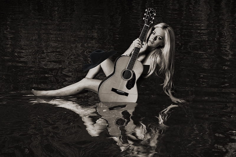 Playing In A Pond . ., hats, cowgirl, music, ranch, Avril Lavigne, outdoors, pond, guitar, style, western, blondes, HD wallpaper