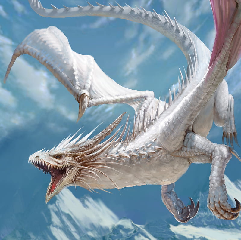 White dragon, fantasy, wings, luminos, lana g, white, dragon, sky, blue, HD wallpaper