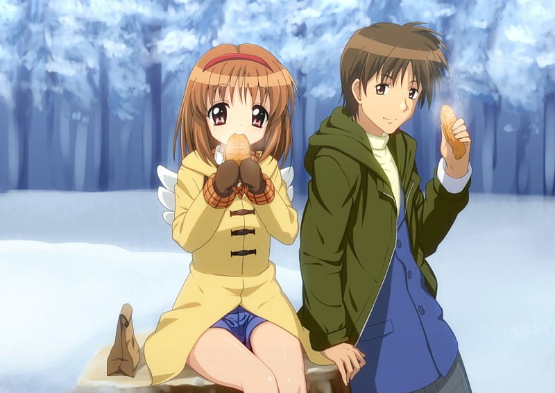 Fish Cake, guy, bread, eat, cold, sweater, kanon, anime, love, handsome, hot, anime girl, couple, forest, female, male, brown hair, sexy, winter, short hair, cute, coat, tree, boy, girl, snow, lover, eating, jumper, HD wallpaper