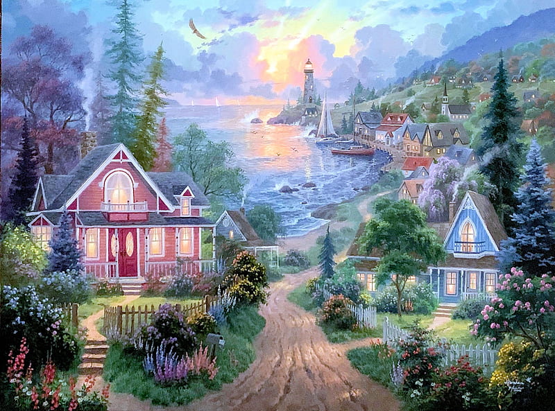 Coastal Living, lighthous, houses, village, sailboat, road, artwork, coast, sea, painting, HD wallpaper