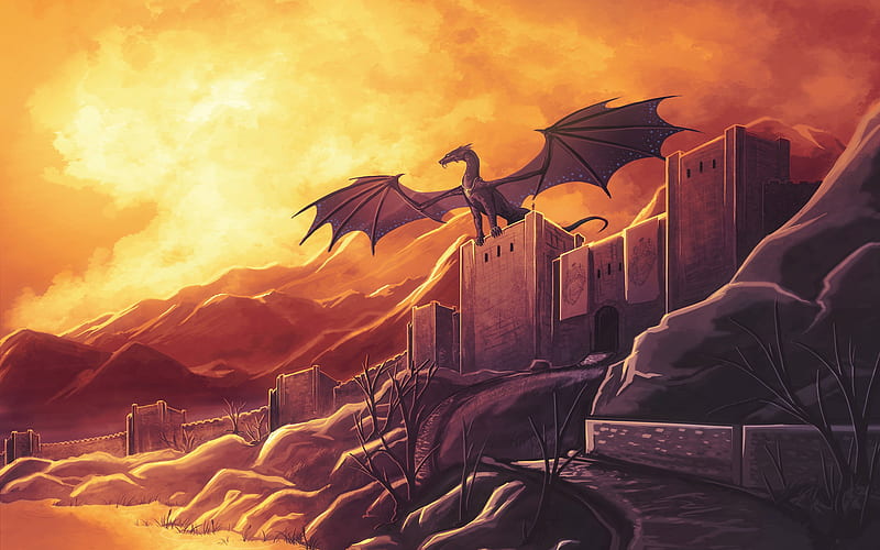 dragon, castle, artwork, mountains, great wall, sunset, HD wallpaper