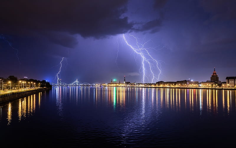 Lightning in Riga, Latvia, Latvia, river, Riga, lightning, Daugava, HD wallpaper