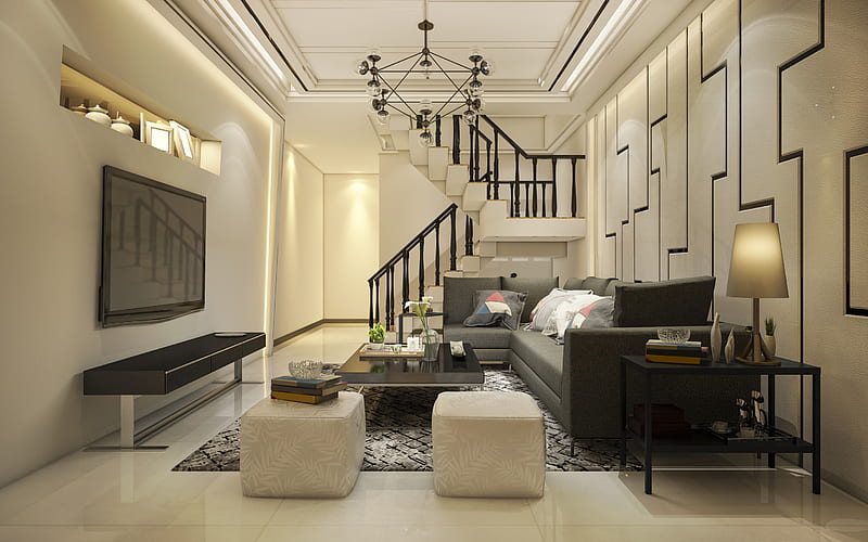 luxurious interior design, living room, white living room, modern interior, black staircase, HD wallpaper