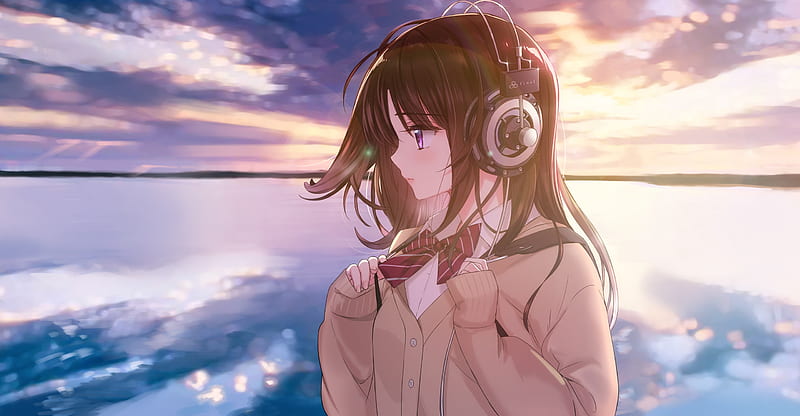 anime girl, horizon, school uniform, headphones, sunset, clouds, Anime, HD wallpaper