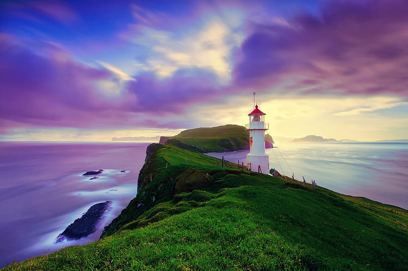 Faroe Islands Lighthouse, sun, cliff, clouds, sky, sea, HD wallpaper