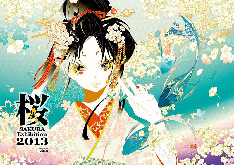 Sakura, fish, traditional, geisha, HD wallpaper