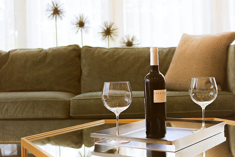 black wine bottle beside two wine glasses, HD wallpaper