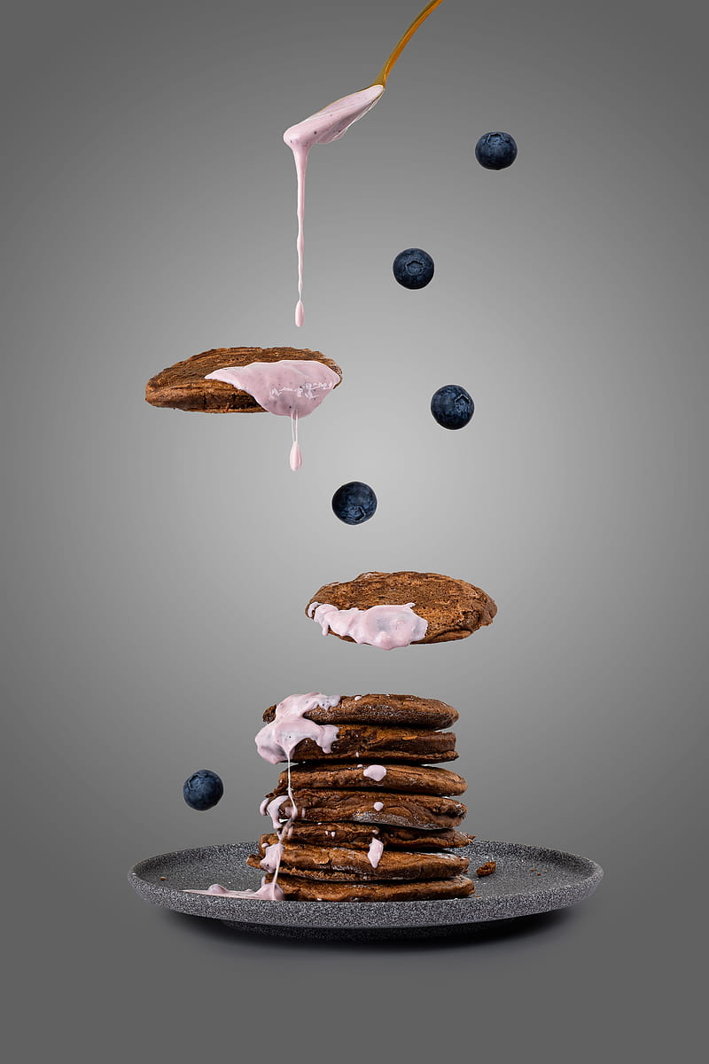 pancakes, yogurt, blueberries, berries, plate, HD phone wallpaper