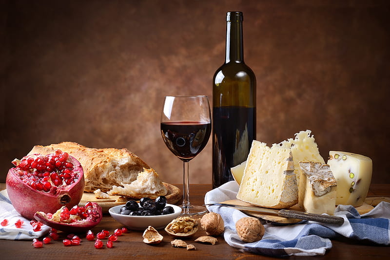 Food, Still Life, Bottle, Bread, Cheese, Glass, Nut, Olive, Wine, HD wallpaper