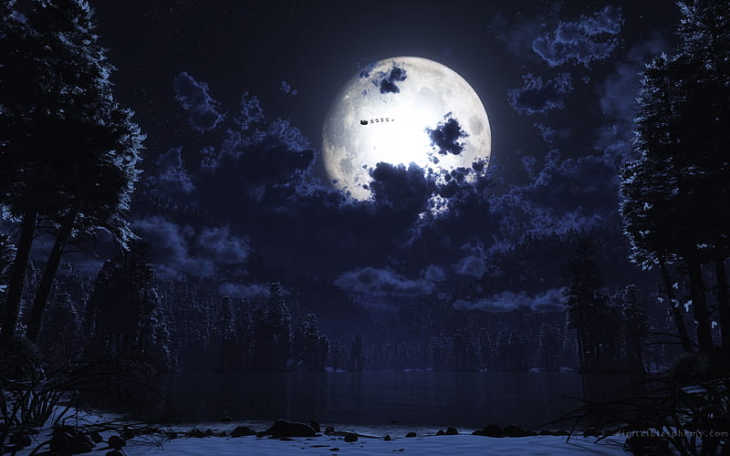 SANTA ON RIDE, santa, full moon, ride, trees, lake, night, HD wallpaper