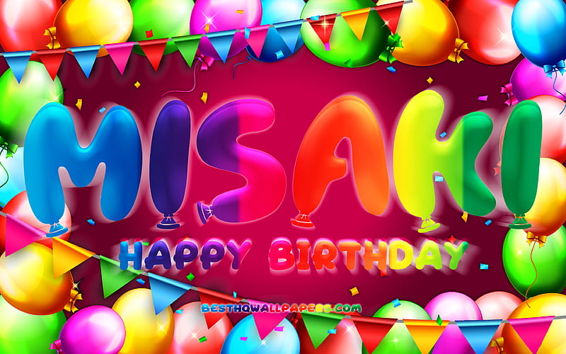 Happy Birtay Misaki colorful balloon frame, female names, Misaki name, purple background, Misaki Happy Birtay, Misaki Birtay, creative, Birtay concept, Misaki, HD wallpaper