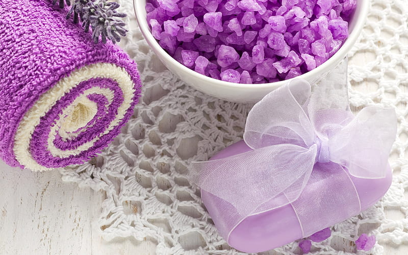 spa, wellness, lavender soap, salt, purple towel, HD wallpaper