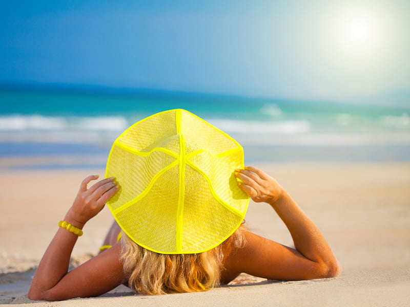 Splash of Summer, beach, sand, sun, ocean, waves, sky, women, hat, HD wallpaper