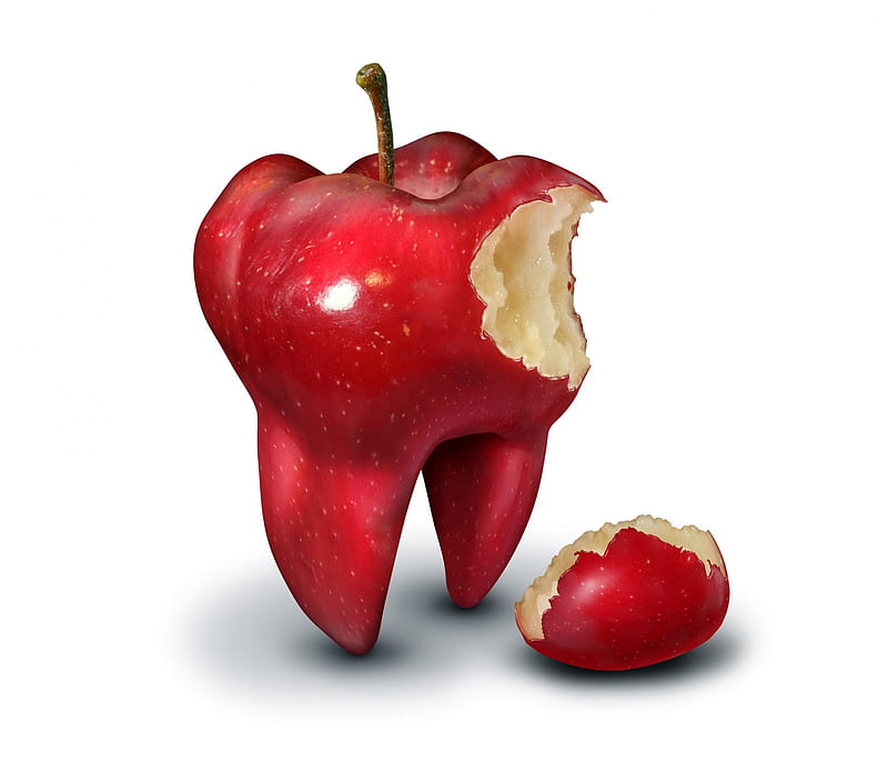 :), red, apple, fruit, fantasy, tooth, funny, white, creative, HD wallpaper