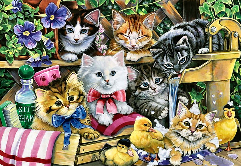 Bathtime Kittens F, art, kittens, bonito, pets, bathtime, illustration, artwork, animal, feline, painting, wide screen, flowers, ducklings, cats, HD wallpaper