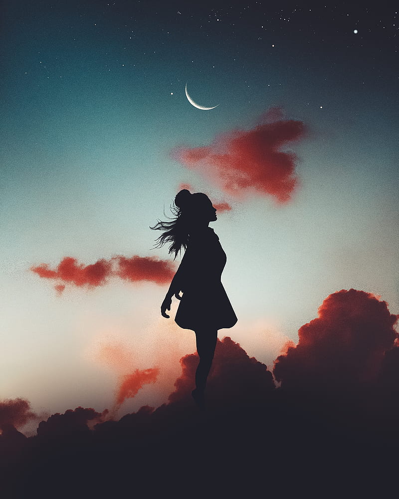 silhouette, girl, moon, sky, levitation, flight, HD phone wallpaper