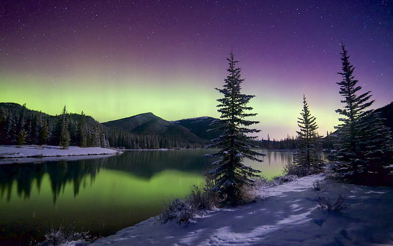winter, northern lights, snow, night, lake, mountains, HD wallpaper