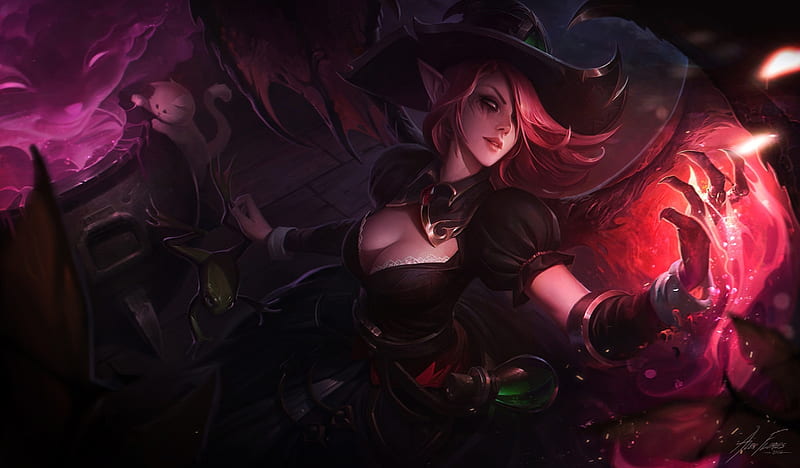 Katarina, red, witch, luminos, halloween, game, black, league of legends, hat, fantasy, girl, HD wallpaper