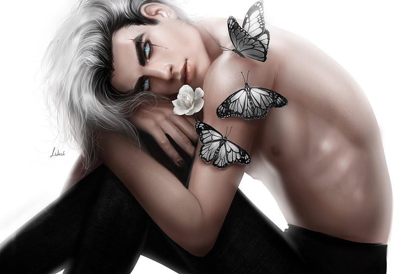 White Monarch, fantasy, butterfly, luminos, handsome, black, man, lidiash, HD wallpaper
