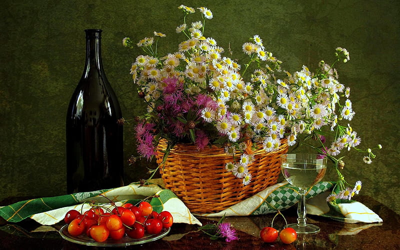 Lovely Still Life, graphy, wine, bottle, wine glass, flowers, cherries, love four seasons, napkin, HD wallpaper