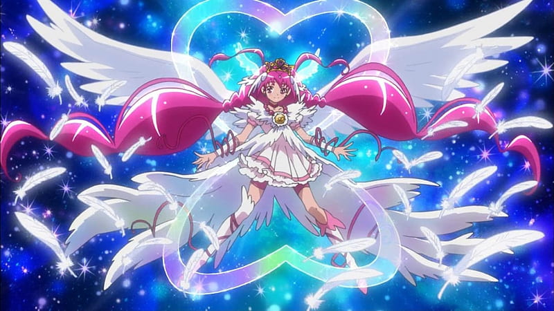 Ultra Cure Happy, pretty, dress, float, bonito, magic, wing, sweet, magical girl, nice, pretty cure, twin tail, anime, feather, beauty, anime girl, long hair, female, cure happy, wings, lovely, twintail, angel, twintails, twin tails, girl, precure, pink hair, HD wallpaper