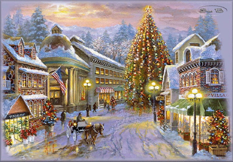 Village Christmas Eve, painting, architecture, Christmas Eve, village, HD wallpaper