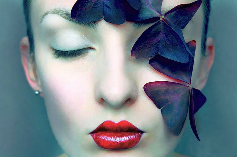 Beauty, red, girl, model, clover, face, lips, woman, leaf, HD wallpaper