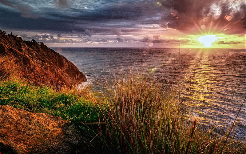 Sunset from the Pacific Coast Highway 1, Big Sur, California, sunrays, plants, cliff, sky, clouds, sea, HD wallpaper