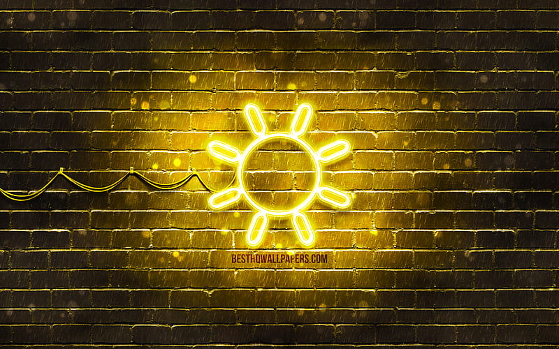 Sun neon icon yellow background, neon symbols, Sun, creative, neon icons, Sun sign, ecology signs, Sun icon, ecology icons, HD wallpaper