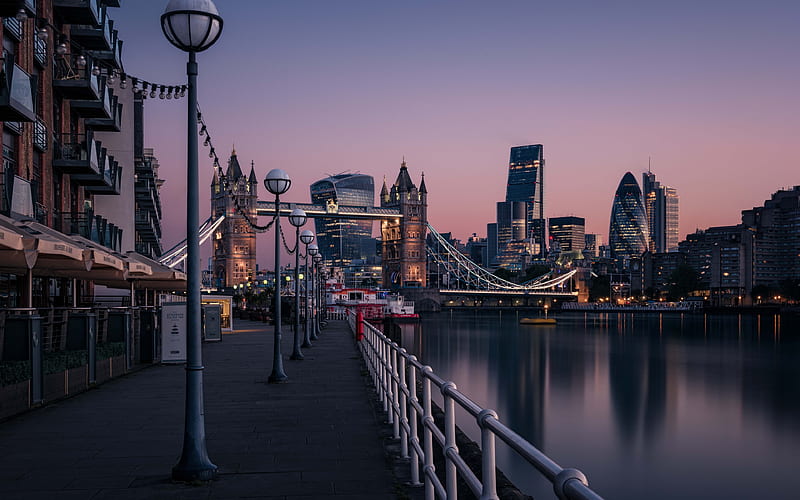 London, Tower Bridge evening, skyscrapers, business centers, Thames River, England, HD wallpaper