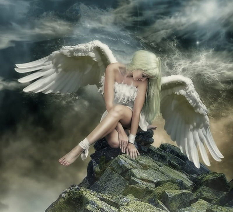 Blonde Sad Angel, wings, paradise, rock, angel, blonde, clouds, woman, HD wallpaper
