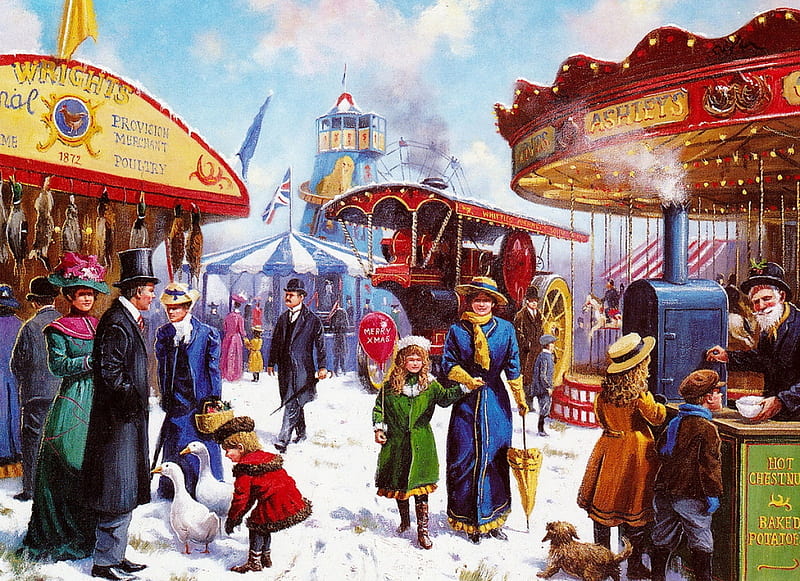 Victorian Winter Funfair, painting, snow, carousels, people, children, HD wallpaper