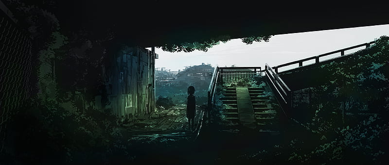anime post-apocalyptic, anime girl, ruins, back view, loli, stairs, Anime, HD wallpaper