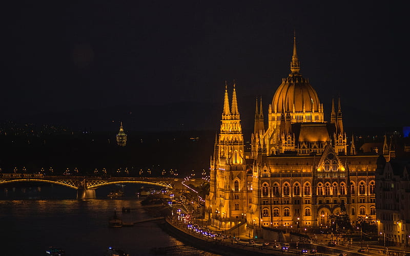 Budapest, Parliament building, landmark, night, Danube river, bridges, Hungary, HD wallpaper