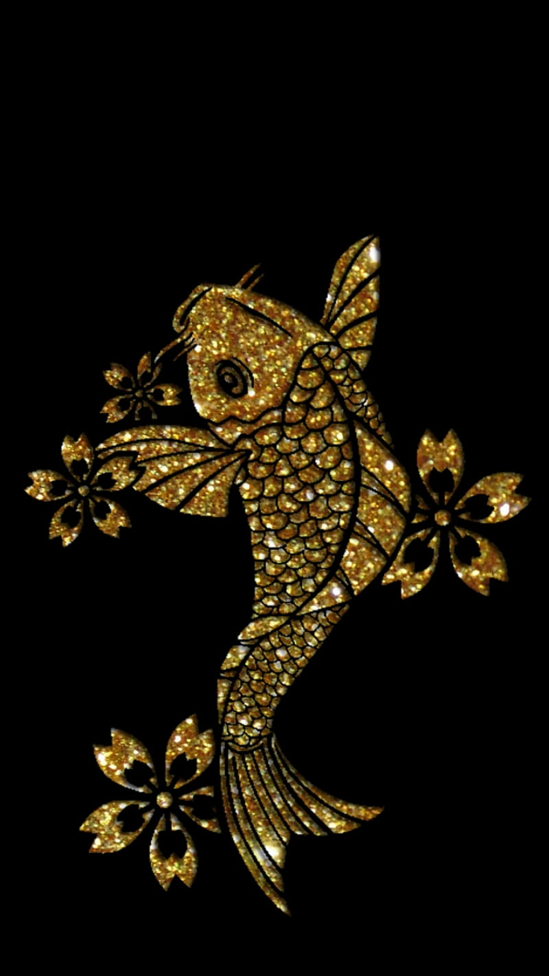 Golden Fish, black, black , dore, flowers gold, gold, golden flowers, poisson, poisson dore, poisson gold, HD phone wallpaper