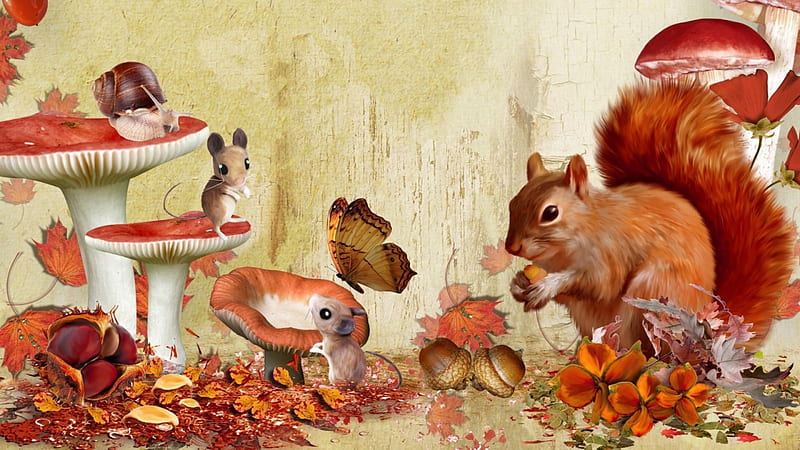 Fall Squirrel and Mice, fall, autumn, squirrel, acorns, mice, leaves, butterfly, flowers, mushrooms, Firefox Persona theme, HD wallpaper