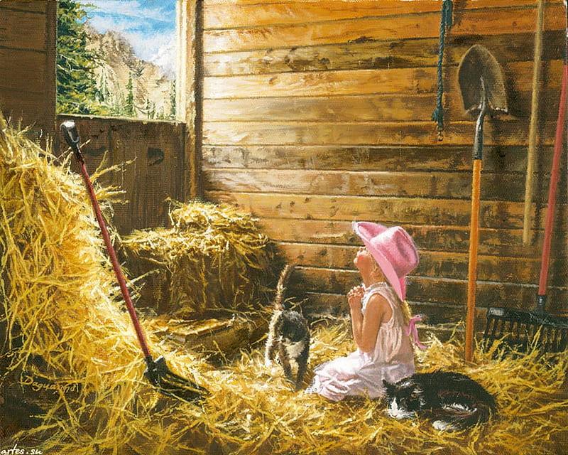 barn visit, girl, shovel, hay, straw, cats, barn, door, HD wallpaper