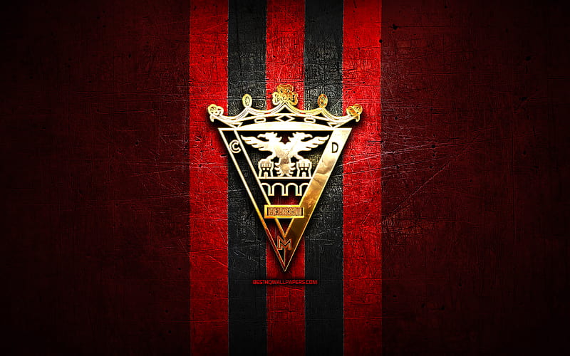 Mirandes FC, golden logo, La Liga 2, red metal background, football, CD Mirandes, spanish football club, Mirandes logo, soccer, LaLiga 2, Spain, HD wallpaper