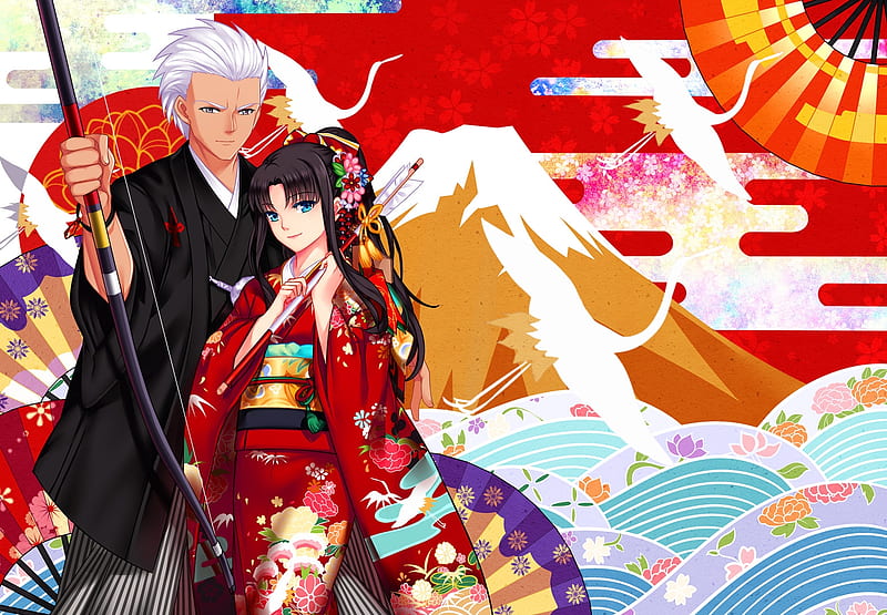 Rin & Archer, fate, romance, japanese, novel, manga, kimono, visuel, japan, rin, anime, love, katana, archer, couple, HD wallpaper